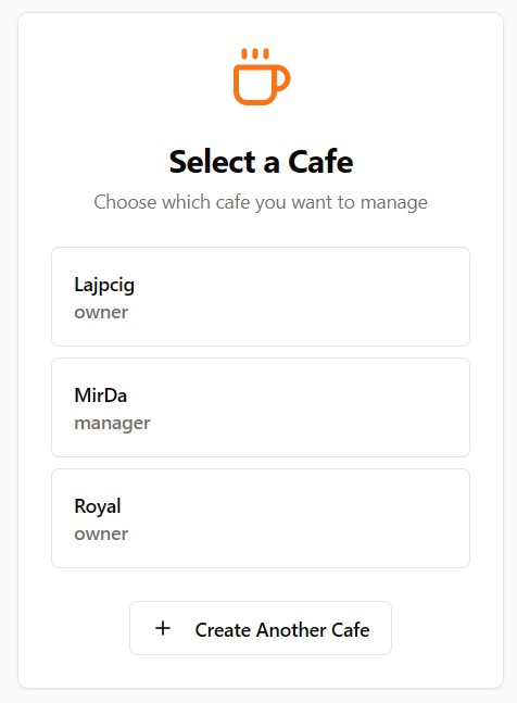 Mobile cafe selection screen