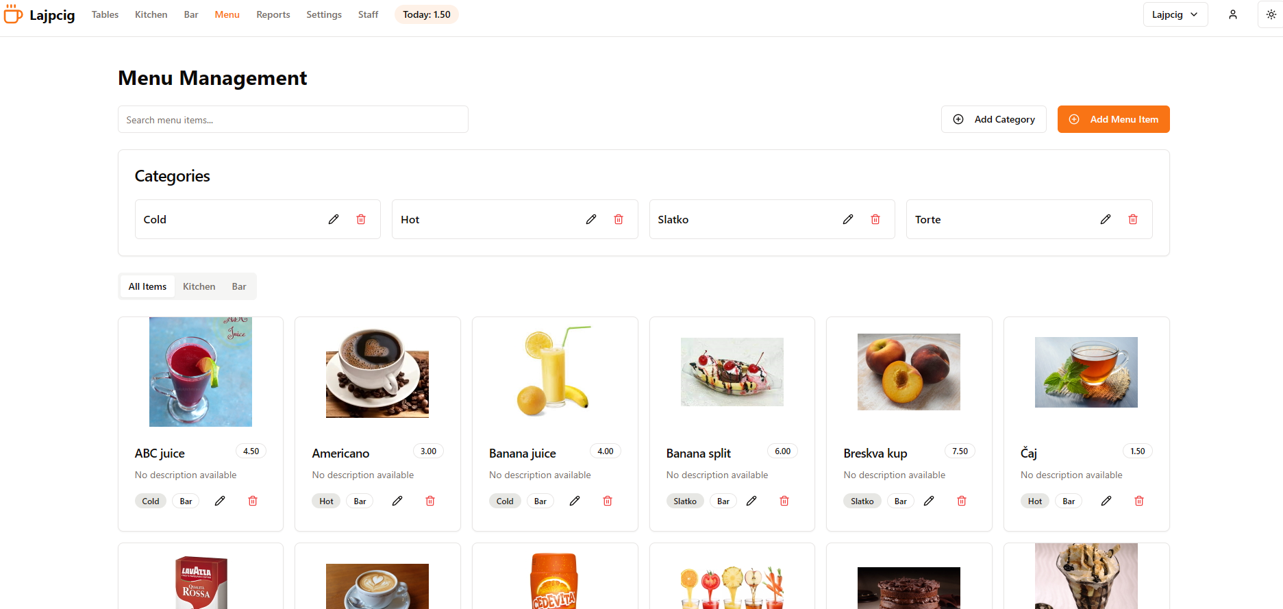 Table management interface showing available and occupied tables